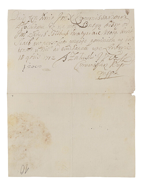 [Płock] Pensja dla posła] Franciszek Załuski (1660–1735) wojewoda czernichowski, starosta lubelski, późniejszy woj. płocki, właściciel pałacu w Falentach. Potwierdzenie odebrania pieniędzy za działalność poselską od „Kommisarza Płockiego”, Lwów 10 XI 1712