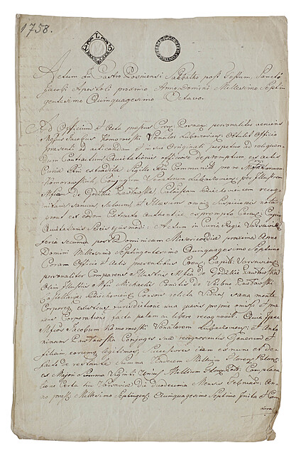 [Rodzina Gertrudy Komorowskiej] Akt spłaty Jakuba hr. Komorowskiego herbu Korczak (1721–1781) póżniejszego kasztelana santockiego przez teściową Mariannę z Gójskich Pawłowską kasztelanicową biechowską; datowane: Poznań, sobota po święcie św. Jakuba Apostoła 1758