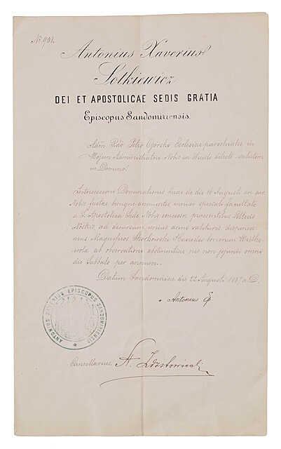 [majątek ziemski] Biskup sandomierski daje zgodę na msze w kaplicy dworskiej Skórkowskich w Wielkiej Woli k. Opoczna, Sandomierz 22 VIII 1887