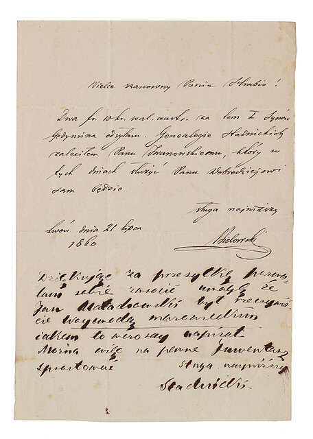 Bielawski Bruno Franciszek (1831–1861) pisarz, dziennikarz oraz Stadnicki Kazimierz hrabia (1808–1886) historyk; List w sprawie książki genealogicznej o synach Gedymina, Lwów 21 VII 1860