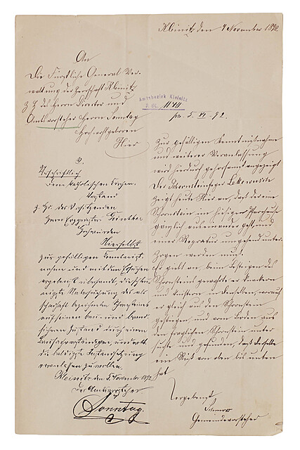 [Radziwiłłowie, Śląsk] Pismo gminy wsi Klenica do Zarządu Majątku Klenica Książąt Radziwiłłów, Kleinitz 4 XI 1892