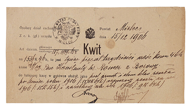 [Mielec, hr. Romerowie] Zbiór 5 dokumentów dotyczących braci hrabiów Romer z Borowej k. Mielca. Różne miejsca, 1879, 1902, 1906 i 1918