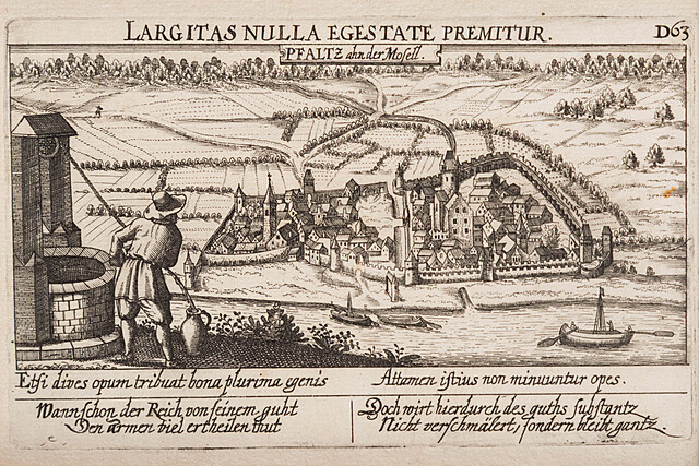 Widok miasta Pfalzel nad Moselą z "Thesaurus Philopoliticus", 1630