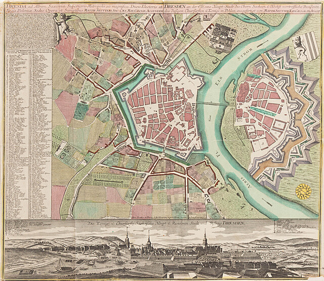 Mapa i panorama Drezna, "Królewsko-Elektorska Saksońska Stolica i Twierdza Drezno", około 1730